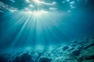Foto op Aluminium Dark blue ocean surface seen from underwater. Abstract waves underwater and rays of sunlight shining through. Generative AI © waichi2013th