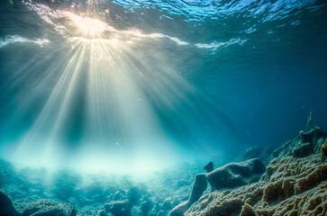 Fototapeta na wymiar Dark blue ocean surface seen from underwater. Abstract waves underwater and rays of sunlight shining through. Generative AI