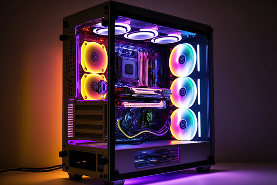A gaming computer with RGB LED lighting that is put together with hardware. Generative AI