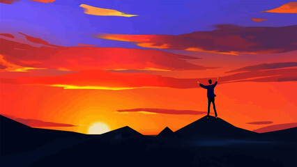 Fototapeta premium alone anime boy enjoying the sunset alone