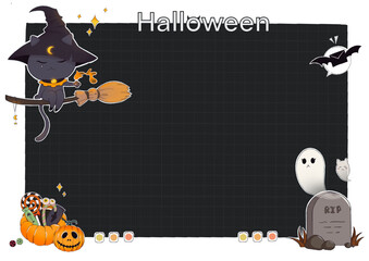 Halloween background - Witch cat riding a broomstick version