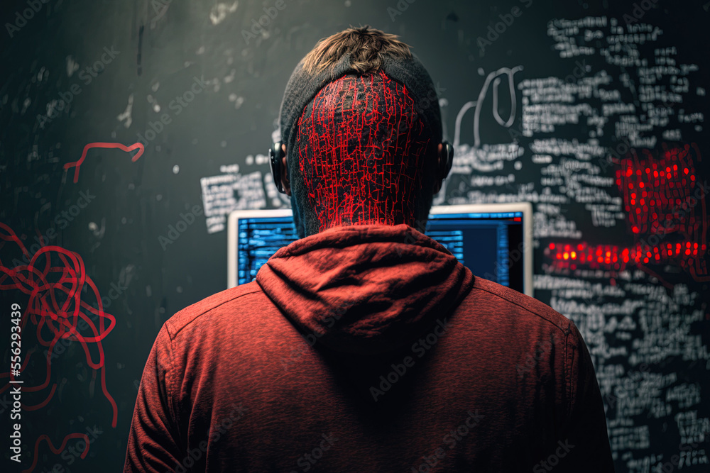 Poster man planning a hacker attack in the back in a dark room. a man uses red thread, stickers, and photos