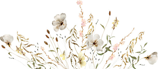 Boho wildflowers, herbs  bouquet painted in watercolor. Dried pampas grass, blooming floral border. Botanical boho elements isolated on white. Wedding invitation, greeting, card, print, scrapbooking © TanyaOak