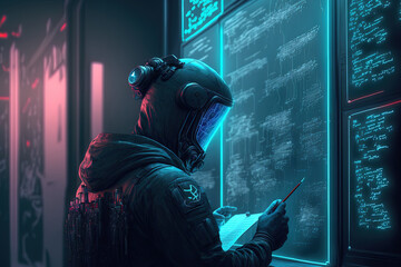 A confident cyber security officer bypassing the firewall defense system to access administrator rights. Code is written by a cybernetics engineer to protect mainframe database storage. Generative AI - obrazy, fototapety, plakaty