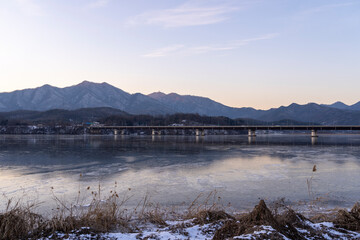 Frozen river by the Dumulmeori River in Yangsu-ri