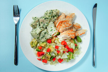 Breaded chicken breast with potato salad.Studio shot.