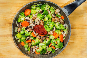 Raw ingredients. Ready to be cooked. Recipe for chicken stew, European cuisine, cooked with a garnish of mushrooms, small onions and other.