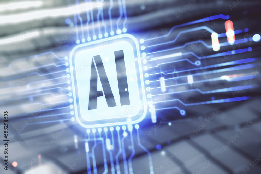 Poster double exposure of creative artificial intelligence icon on blurry metal background. neural networks
