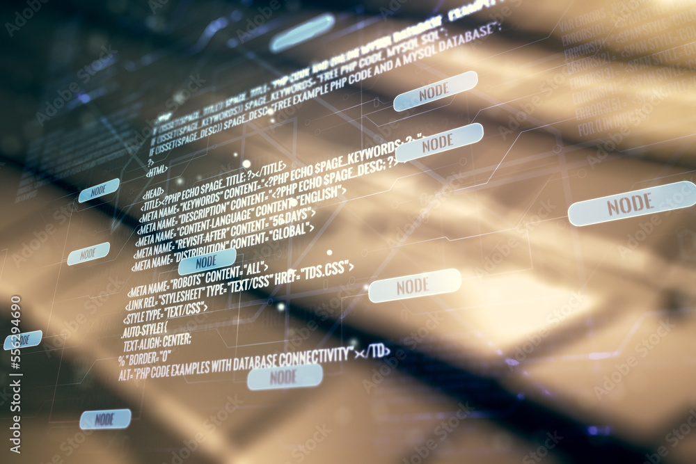 Poster multi exposure of abstract graphic coding sketch on abstract metal background, big data and networki