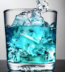 Cubes of frozen fresh water. Pouring vodka on ice cubes. Realistic illustration of a transparent glass with ice cubes for cooling drinks. Rinfrescante soda tonic. Refreshing drink. Alcohol. Bar