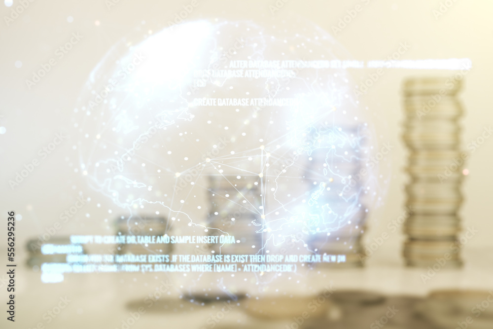 Poster multi exposure of abstract creative coding sketch and world map on stacks of coins background, artif