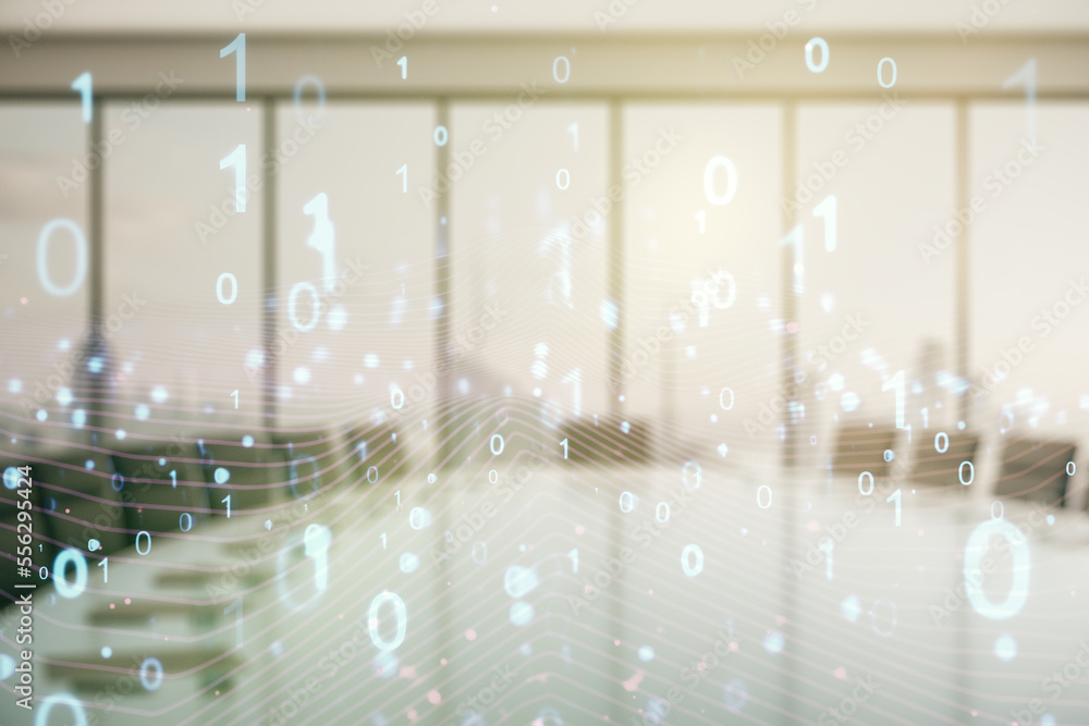 Leinwandbilder abstract virtual binary code hologram on a modern coworking room background, ai and machine learning