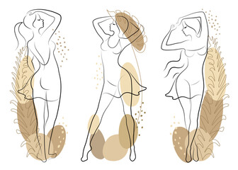 Collection. Female silhouette in modern continuous line style and plant leaves. The girl is slim and beautiful. Lady suitable for decor, posters, stickers, logo. vector illustration set.