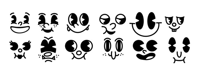 funny faces Retro 30s cartoon mascot characters. 50s, 60s old animation eyes and mouths. Vintage comic set