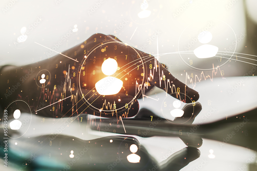 Poster double exposure of social network icons concept and hand working with a digital tablet on background