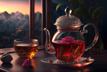 illustration of rose and herbal tea with nature 
 landscape background,	
 - obrazy, fototapety, plakaty