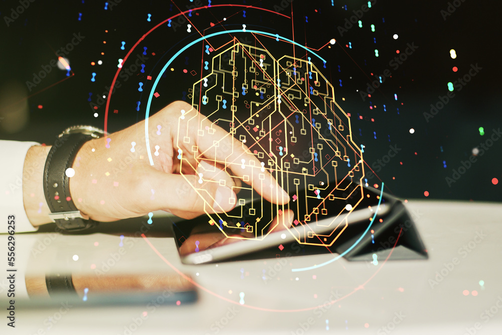 Aufkleber creative artificial intelligence concept with human brain sketch and finger presses on a digital tab