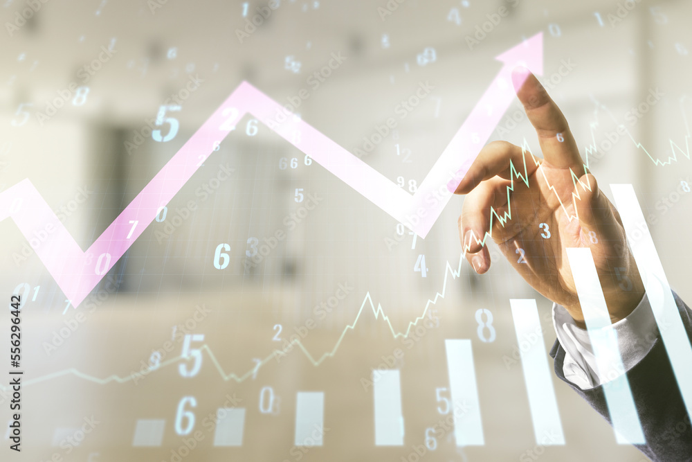 Poster man hand working with abstract virtual financial graph and upward arrow on blurred office background