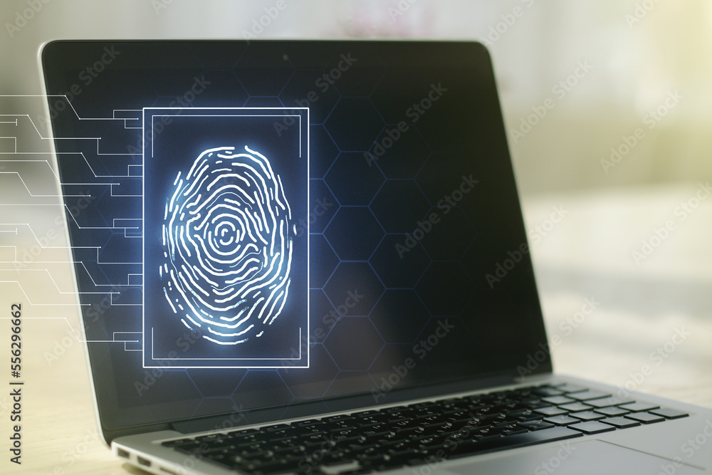 Poster abstract creative fingerprint illustration on modern computer background, personal biometric data co