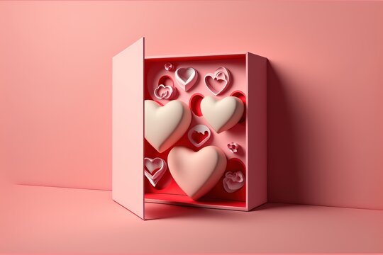 Valentine day composition with gift box and red hearts, photo template on pink background. stock photo