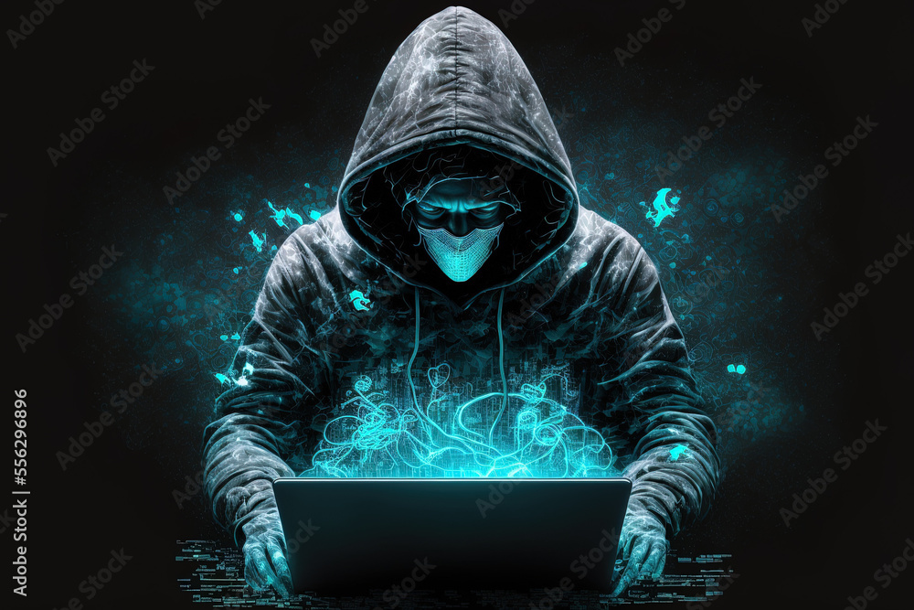 Poster hacker utilizing holographic laptop. generative ai