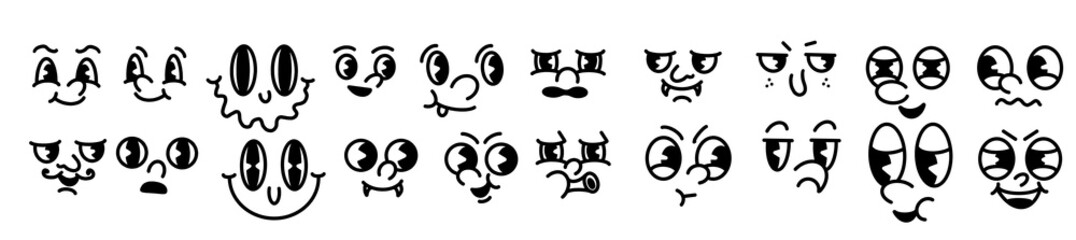 funny faces Retro 30s cartoon mascot characters. 50s, 60s old animation eyes and mouths. Vintage comic set