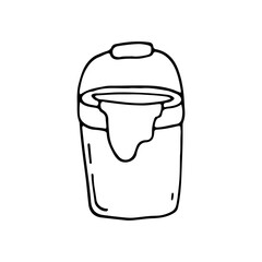 Bucket of paint. Polyester container for paints and varnishes. Doodle. Drawn by hand. Vector illustration. Outline.