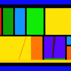 Multicolored two-dimensional abstract of geometric stained glass windows with two diagonals among solid rectangles. Generative AI.