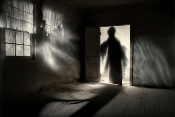 Fototapeta na wymiar Creepy abandoned haunted house with evil demonic shadow man apparition. Paranormal sighting.