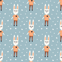 Vector Seamless Romantic Pattern with Cute Rabbits and Hearts on a blue background. A White Hare with Glasses and a Striped T-Shirt. Cute Design for Wrapping Paper, Postcards, Textiles and Fabric.