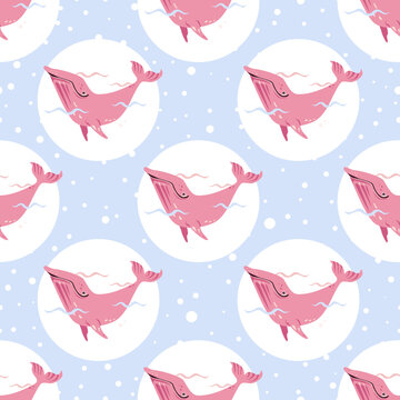 Vector Seamless Pattern with Hand-Drawn Cartoon Cute Pink Whales, Waves and Bubbles on a blue background. Print with Ocean Animals, Trendy Wallpaper, Unusual Children's Design.
