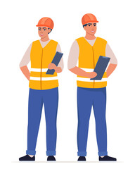 Man and woman engineer. Construction Workers in uniform and orange protective helmet, holding clipboard with checklist. Head of construction works. Vector illustration.