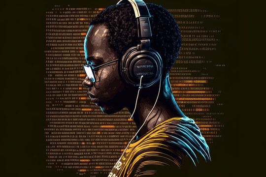 man in headphones working as a programmer a black it developer writing infographics while working remotely on binary code for website security. JavaScript server firewall programming. Generative AI