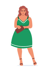 Body positive woman. Plus size female character. Attractive curvy, overweight girl. Oversize obesity, pretty large lady in beautiful fashionable clothes. Vector illustration.