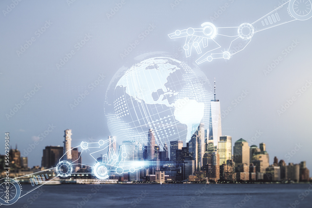 Aufkleber Abstract virtual robotics technology sketch with globe on Manhattan office buildings background, future technology and AI concept. Double exposure