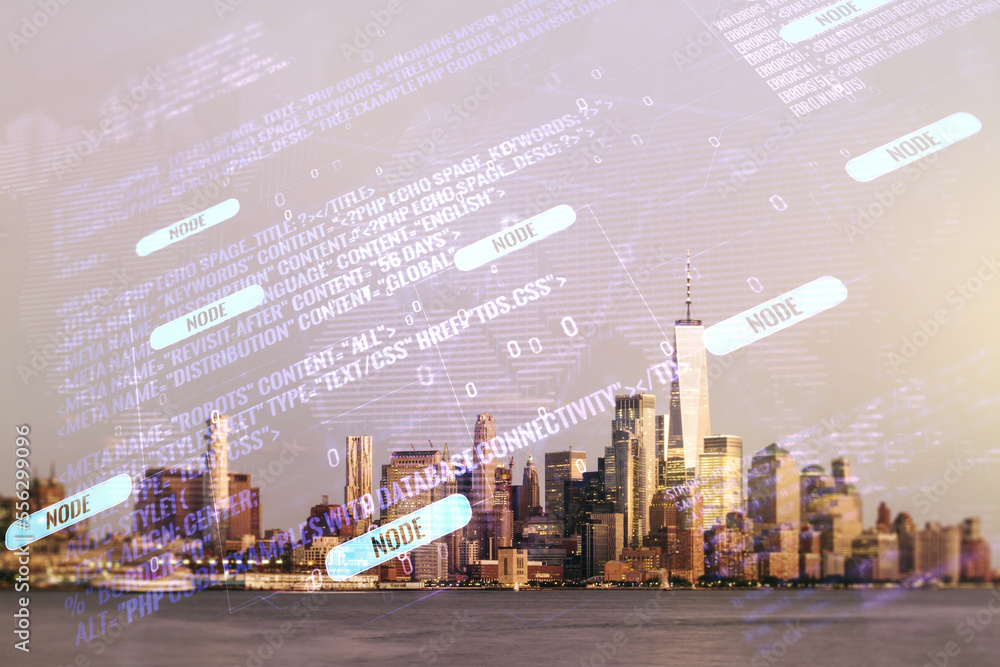 Poster double exposure of abstract creative programming illustration and world map on new york city office 