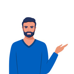 Happy man points to something. Character for advertisement. Guy shows a direction with a hand. Vector illustration in cartoon style.