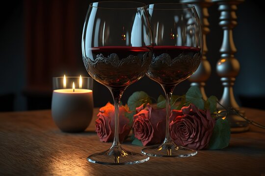 Roses, two glasses of red wine and candles on desk stock photo Valentine's Day - Holiday, Dinner, Wine, Romance, Rose - Flower