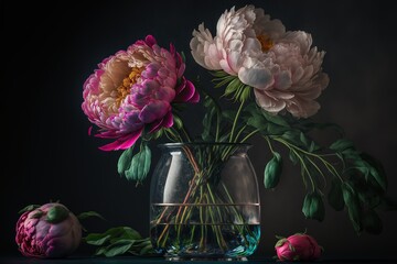 rich realistic flower naturmorte, peony, roses