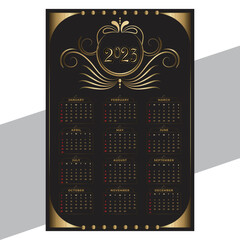 2023 Calendar year vector illustration. Annual calendar 2023 template design. Calendar design in luxury golden color premium eps file