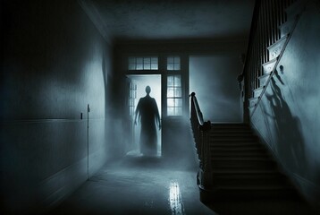 Creepy abandoned haunted house with evil demonic shadow man apparition. Paranormal sighting.