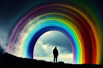 Fototapeta premium person standing in front of a rainbow, representing hope and the possibility of a brighter future (AI Generated)