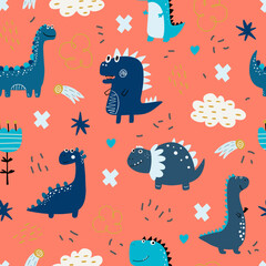 Baby pattern with dinosaurs. Vector hand-drawn colored seamless repeating baby pattern with cute dinosaurs, letters in Scandinavian style. Cute baby animals.
