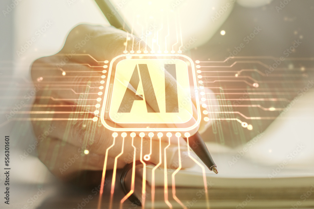 Aufkleber creative artificial intelligence symbol concept with woman hand writing in diary on background. doub