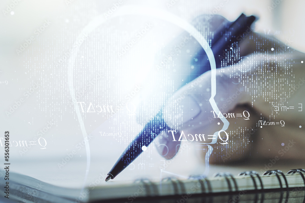 Aufkleber Creative artificial Intelligence concept with human head hologram and man hand writing in notebook on background. Multiexposure