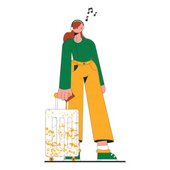 Girl listens to music and goes with a suitcase vector illustration flat style done in exaggerated style