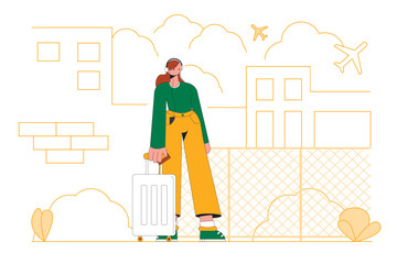 Girl with a suitcase vector illustration flat style done in exaggerated style