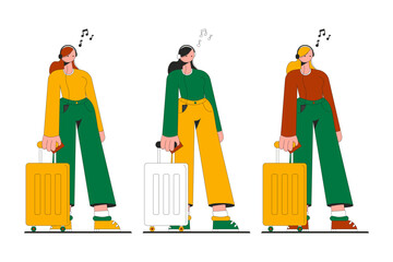 Girls listen to music and goes with a suitcase vector illustration flat style done in exaggerated style. Vector gerl set
