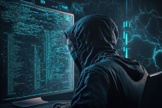Male computer hacker programming firewall data on an encryption server and security software. using a computer to program the displayed application script. Generative AI