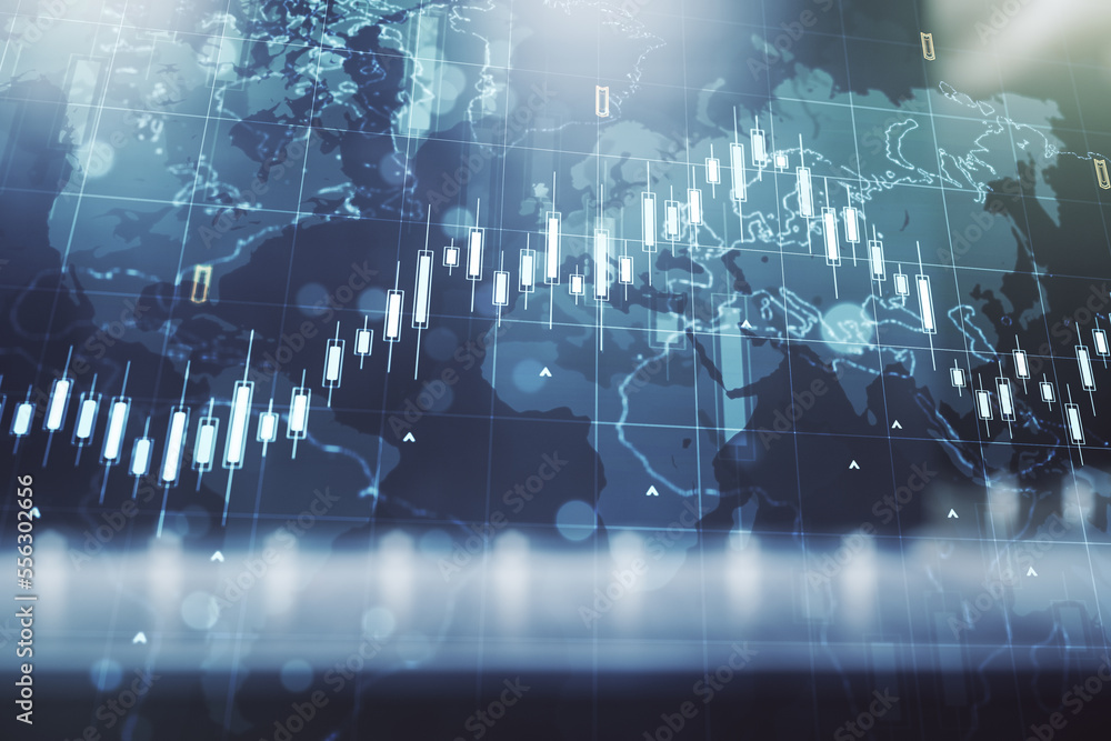Poster multi exposure of virtual abstract financial chart hologram and world map on modern business center 